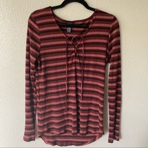 Red and Black Striped Sweater with Tie Front